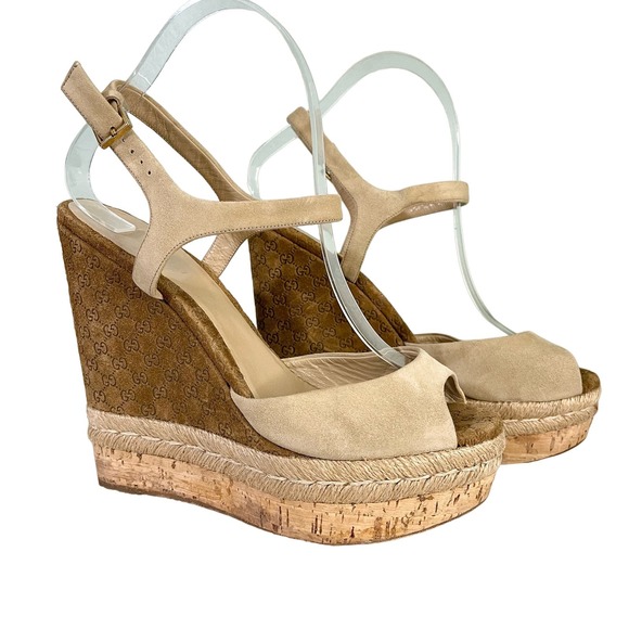 Gucci Shoes - GUCCI Women's Tan GG Logo Platform Cork Wedge Espadrille Sandal Size 37.5